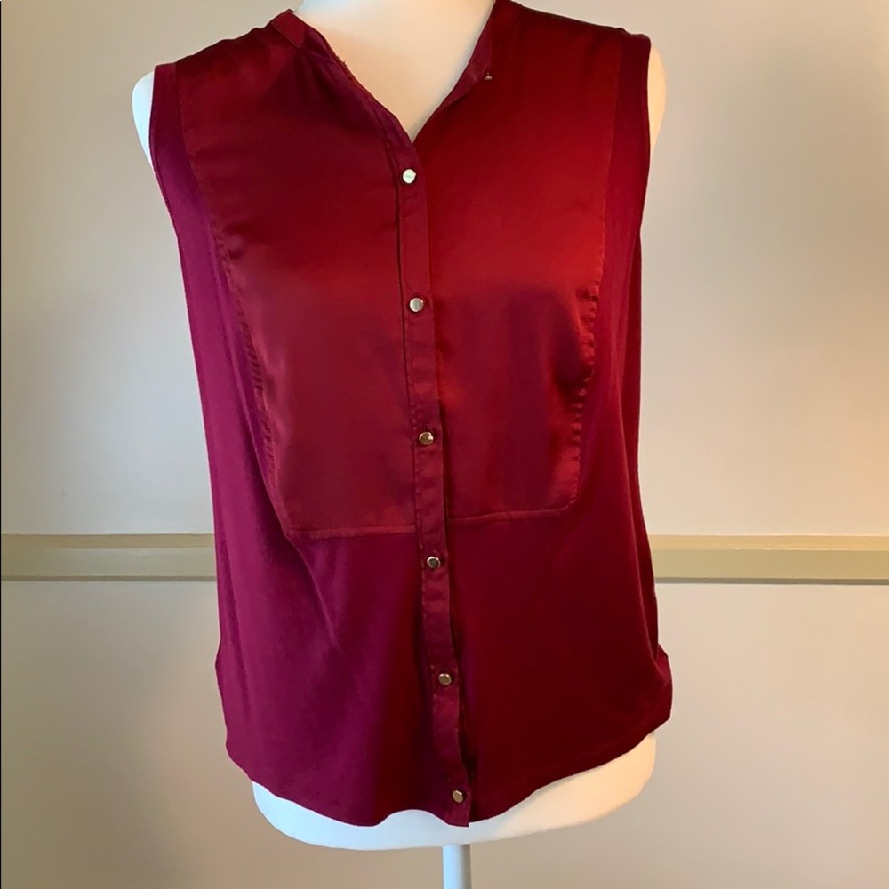 ANN TAYLOR SLEEVELESS MIXED MEDIA BUTTON UP BLOUSE - Picture 2 of 8